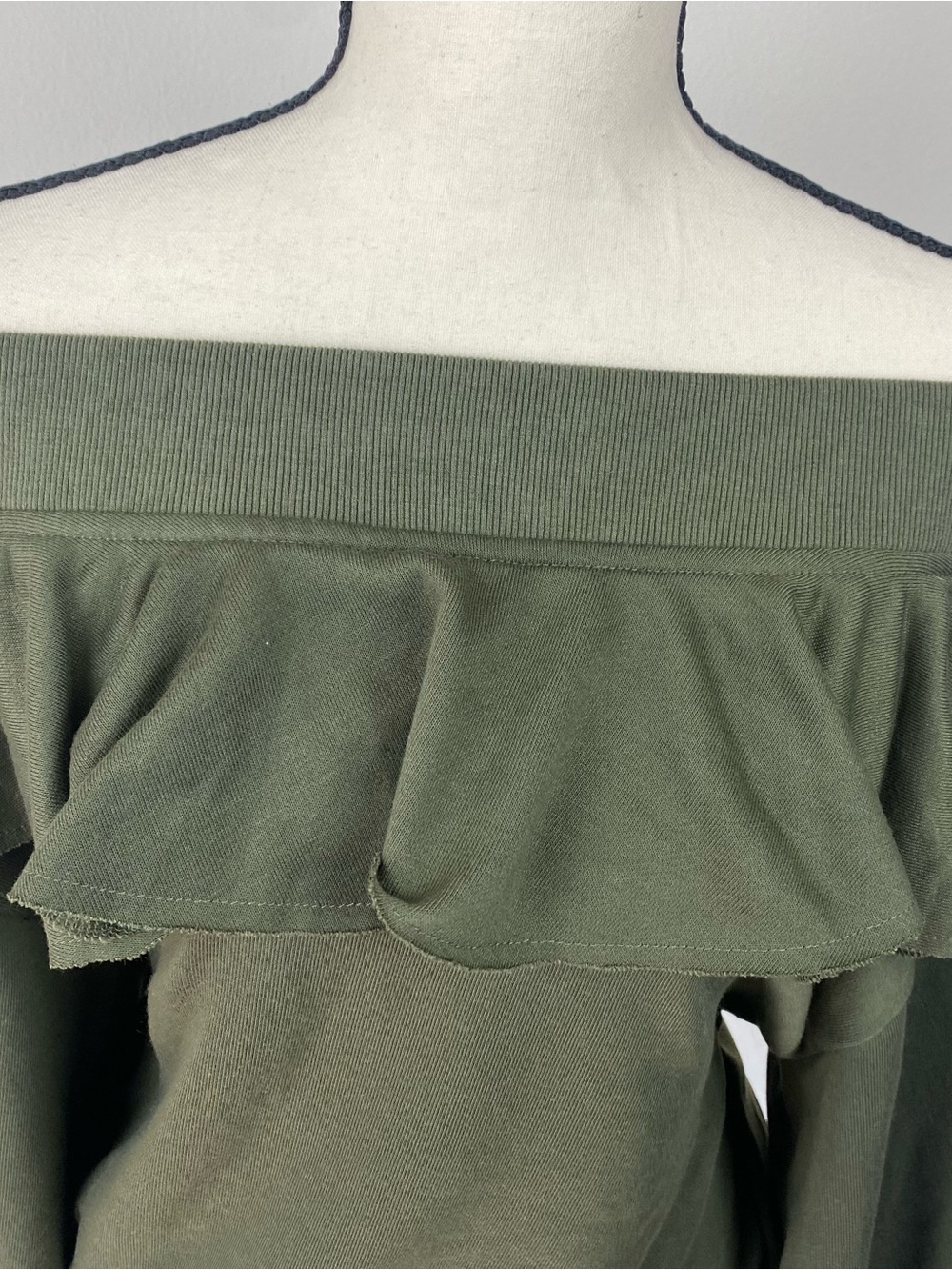 Off-Shoulder Ruffle Sweater - Olive Green - Picture 2 of 5